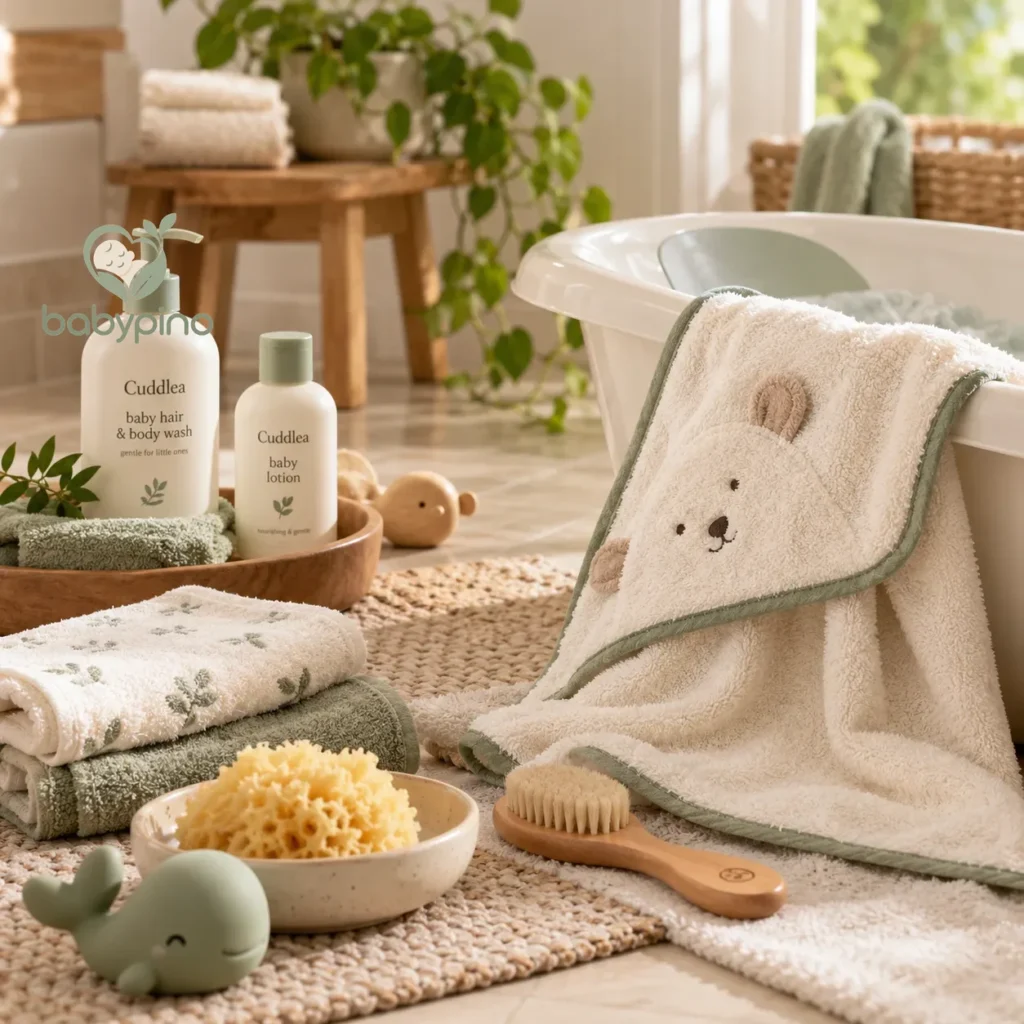 Baby bath with a soft hooded towel, washcloths and a natural sponge