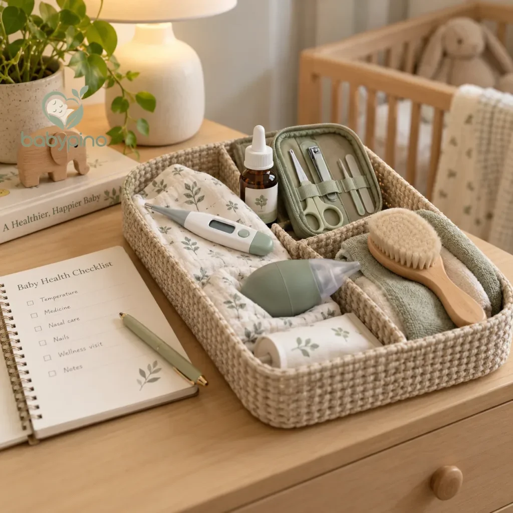 Baby care basket with a thermometer, nail kit, nasal aspirator and soft brush