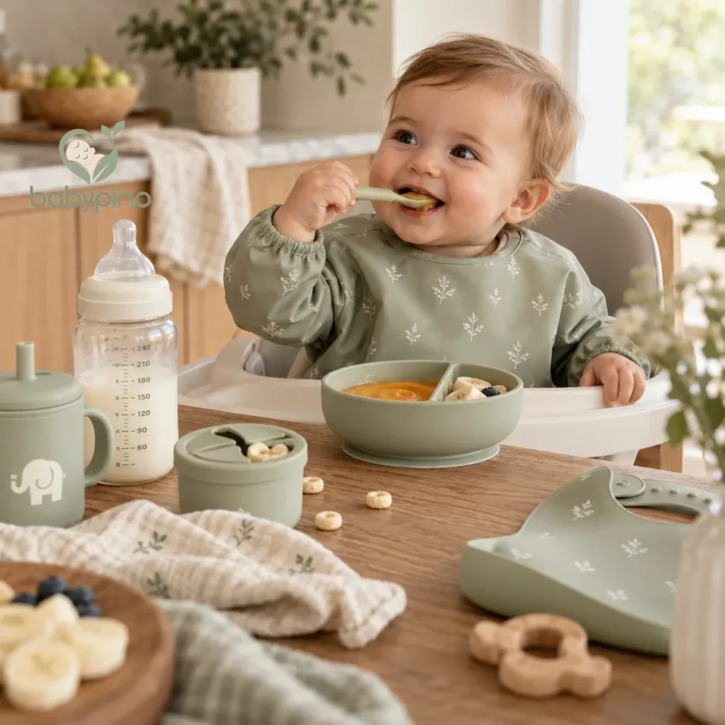 Smiling baby in a high chair eating with a spoon, with a bottle and bowl on the table