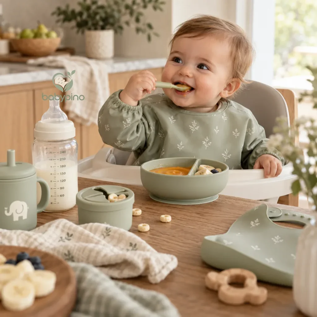 Smiling baby in a high chair eating with a spoon, with a bottle and bowl on the table