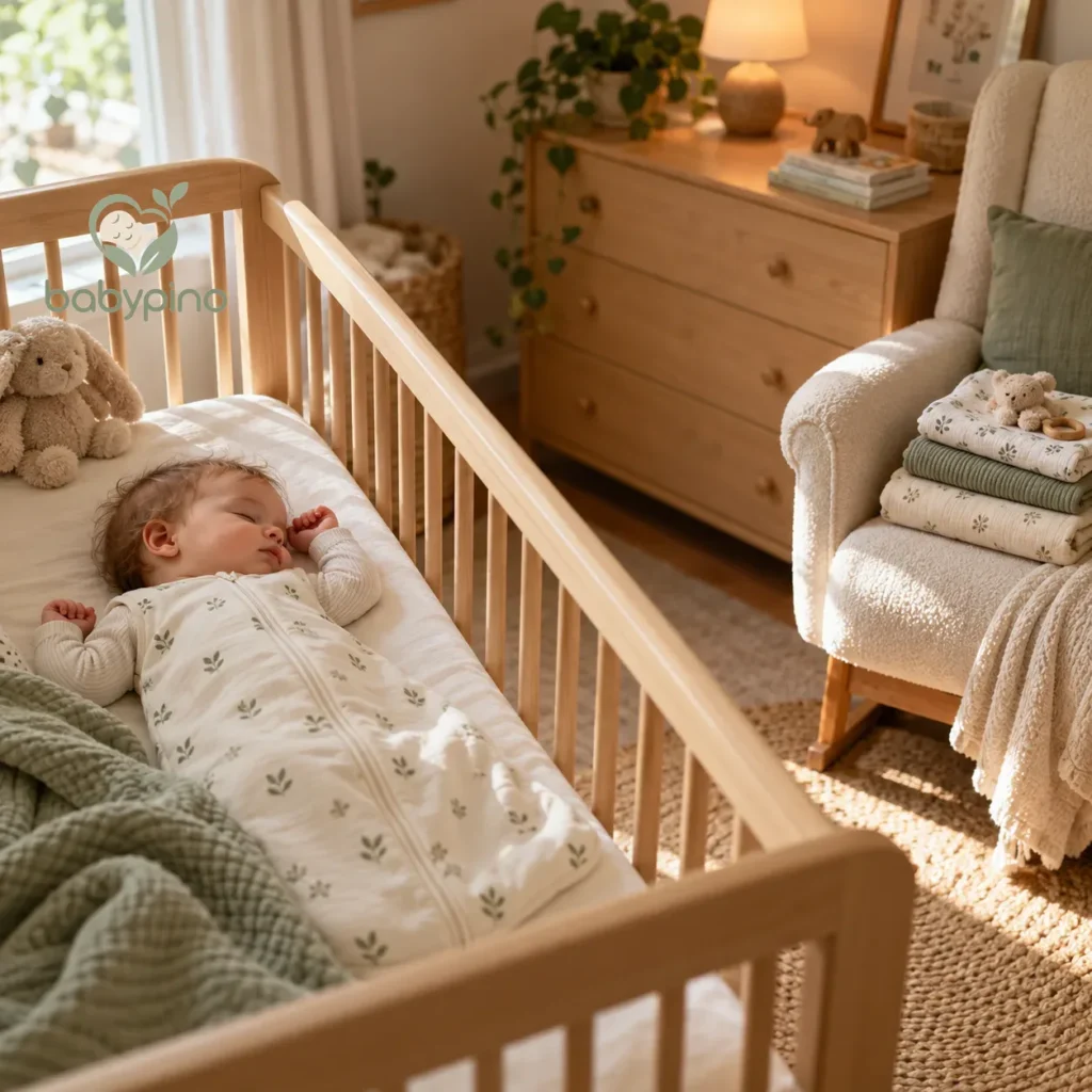 Baby sleeping on their back in a sleep sack in a wooden crib