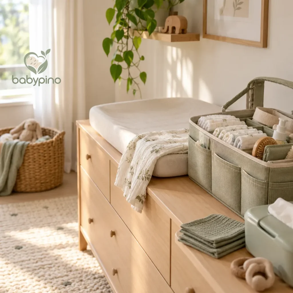 Changing table with a changing mat and a caddy of diapers and wipes