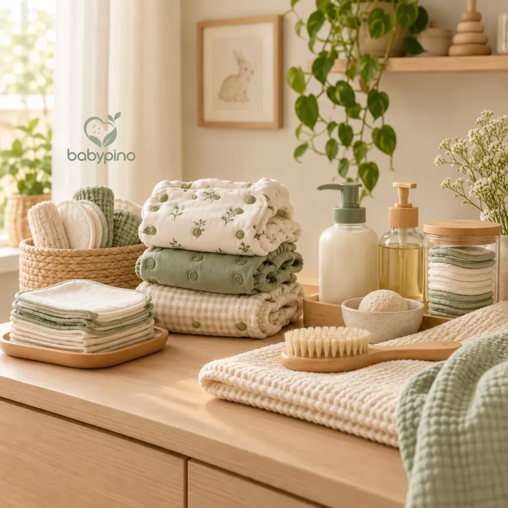 Folded reusable cloth wipes, cloth diapers and washcloths on a light wooden changing table in soft daylight
