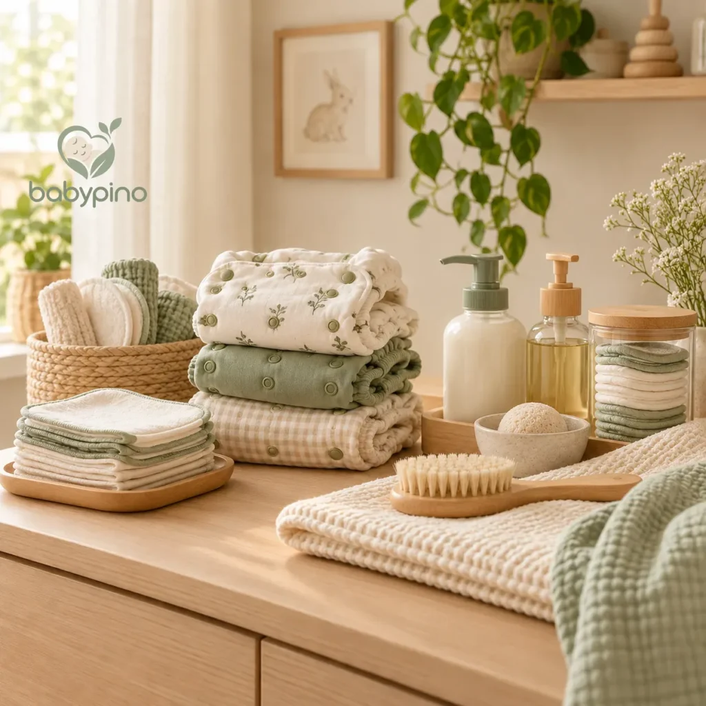 Folded reusable cloth wipes, cloth diapers and washcloths on a light wooden changing table in soft daylight