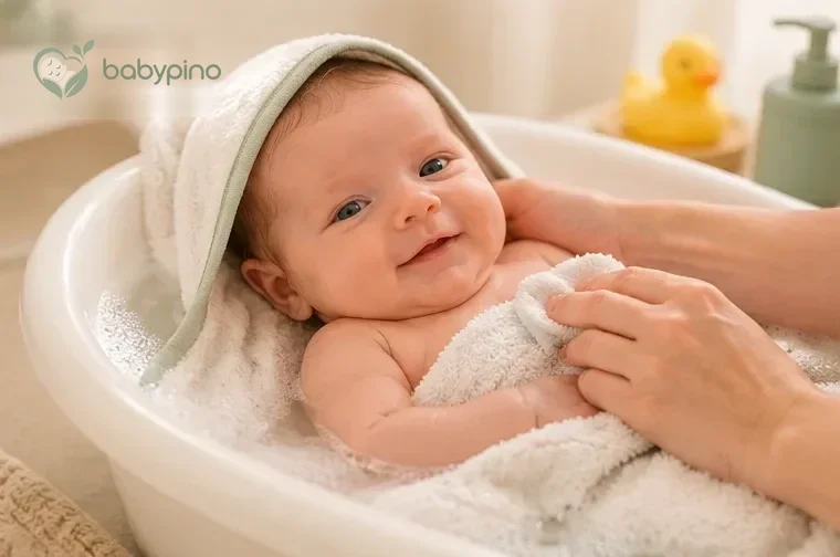 Newborn in a baby bath wrapped in a soft hooded towel
