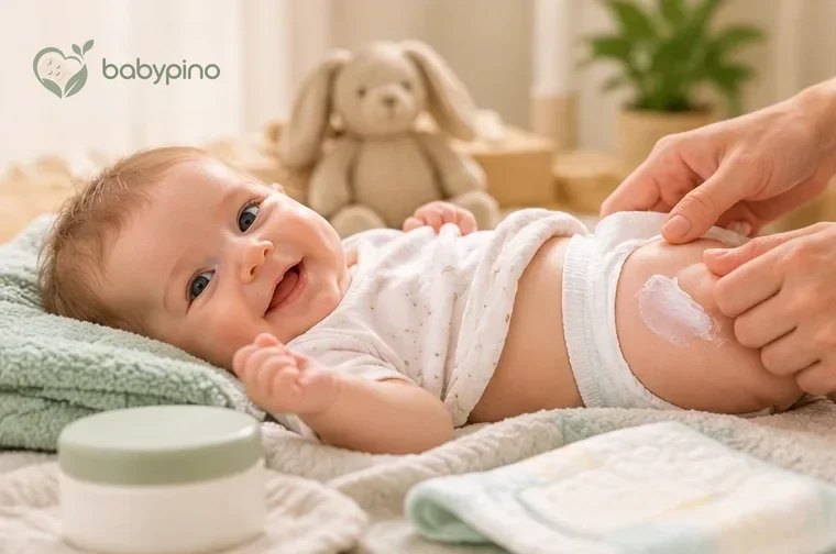 Smiling baby on a changing mat while a parent applies diaper cream