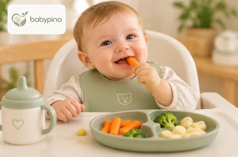 Happy baby in a high chair eating carrots, broccoli and potato
