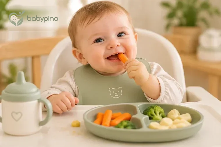Happy baby in a high chair eating carrots, broccoli and potato