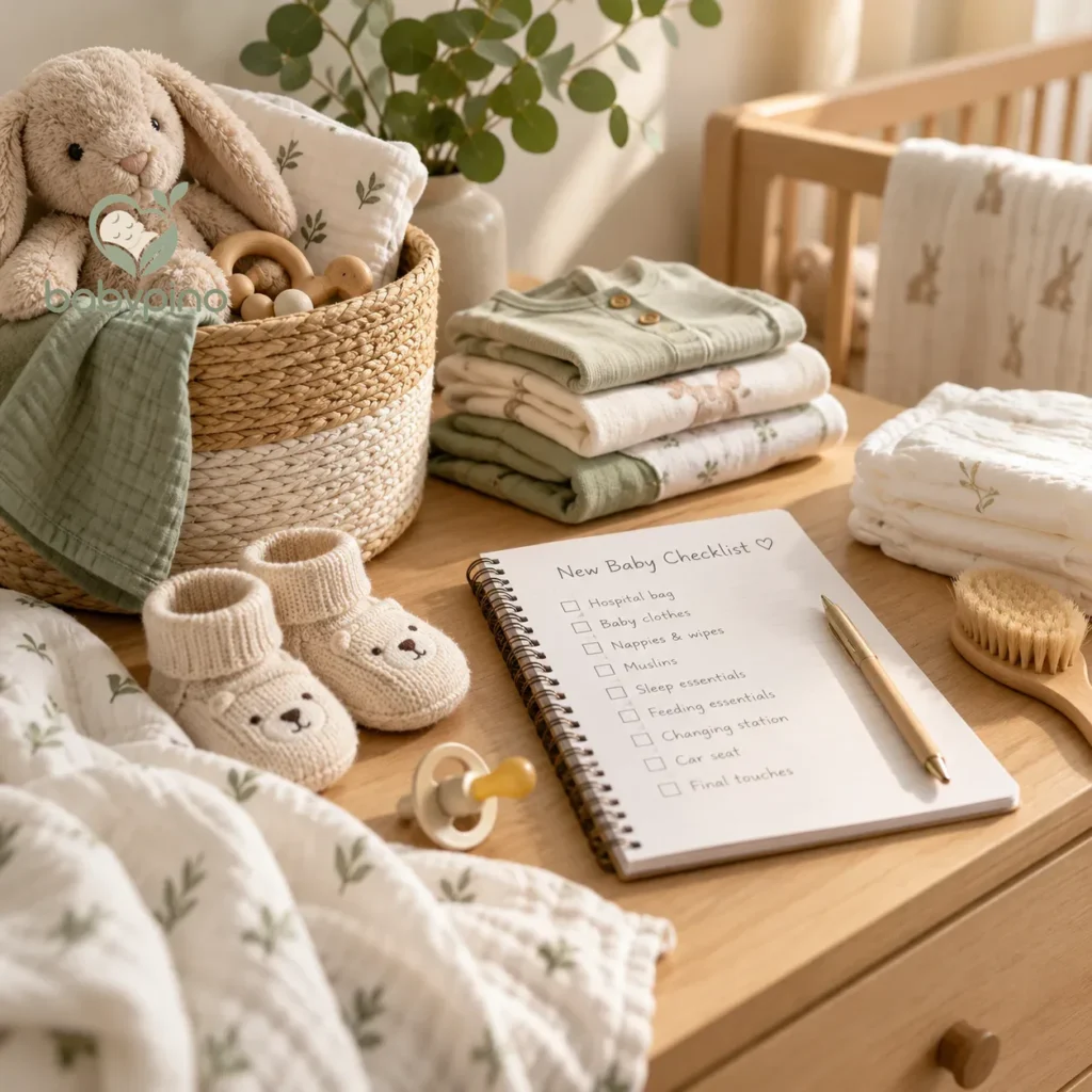 New baby checklist next to folded baby clothes, knitted booties and a soft toy