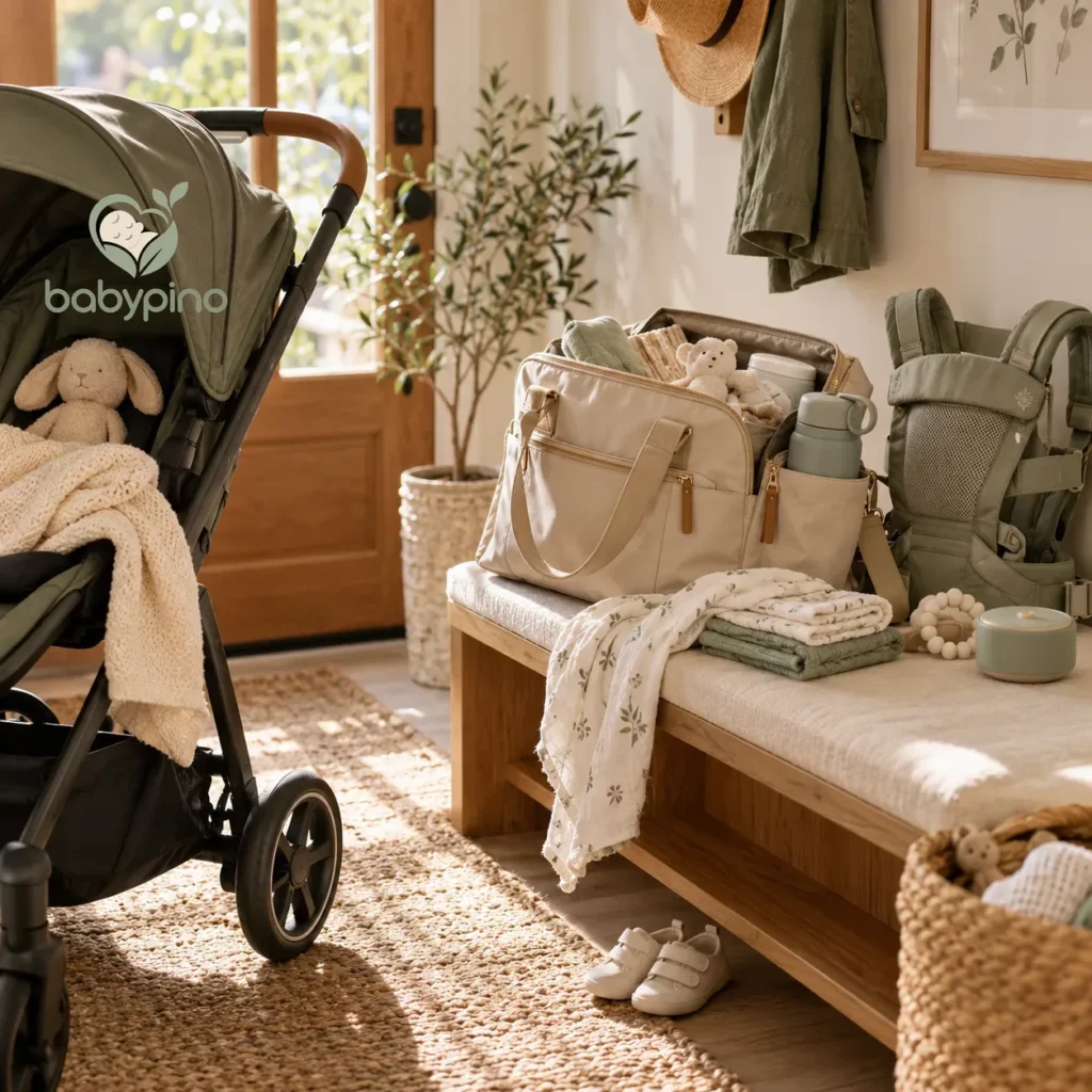 Stroller, packed diaper bag and baby carrier ready by the front door