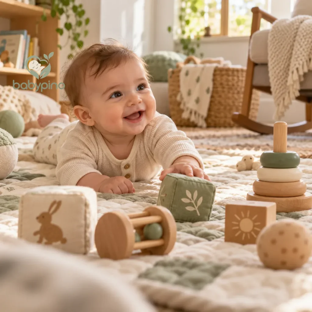 Happy baby doing tummy time on a play mat with soft blocks and wooden toys