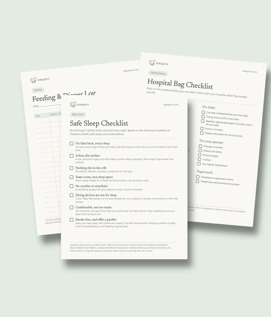 The free Babypino Safe Sleep Checklist, Feeding & Diaper Log and Hospital Bag Checklist