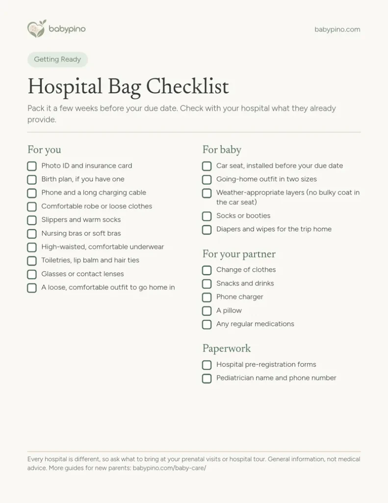 Preview of the Babypino Hospital Bag Checklist printable