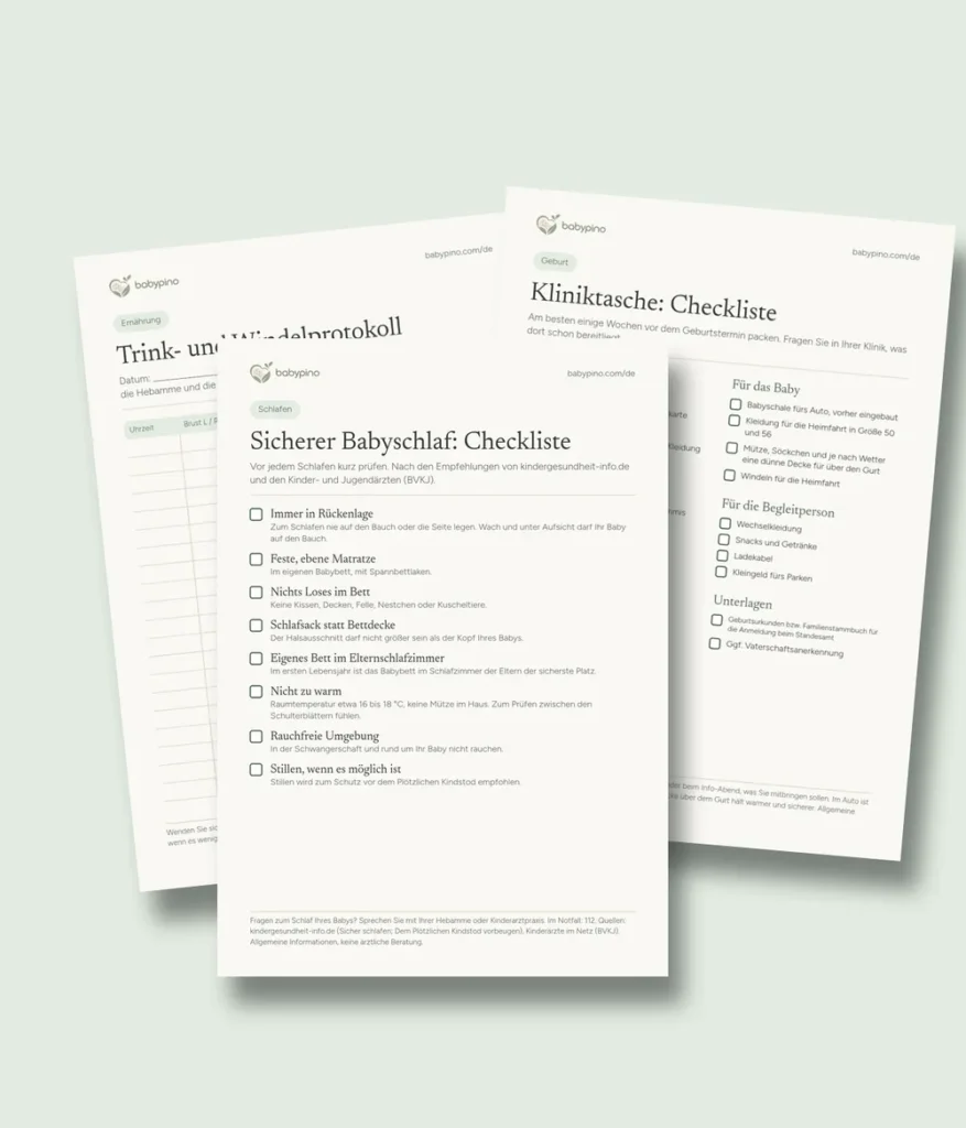 Kostenlose Babypino-Checklisten: Sicherer Babyschlaf, Kliniktasche und Trinkprotokoll